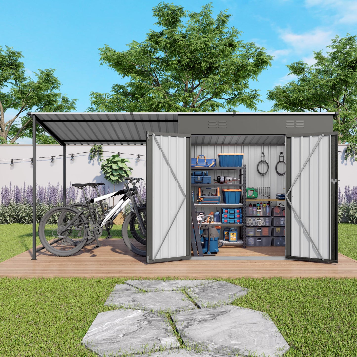 6x4 FT Outdoor Storage Shed & Gazebo Combo, Lean to Metal Tool Shed with Open Pergola for Backyard, Patio, Lawn (Gray)