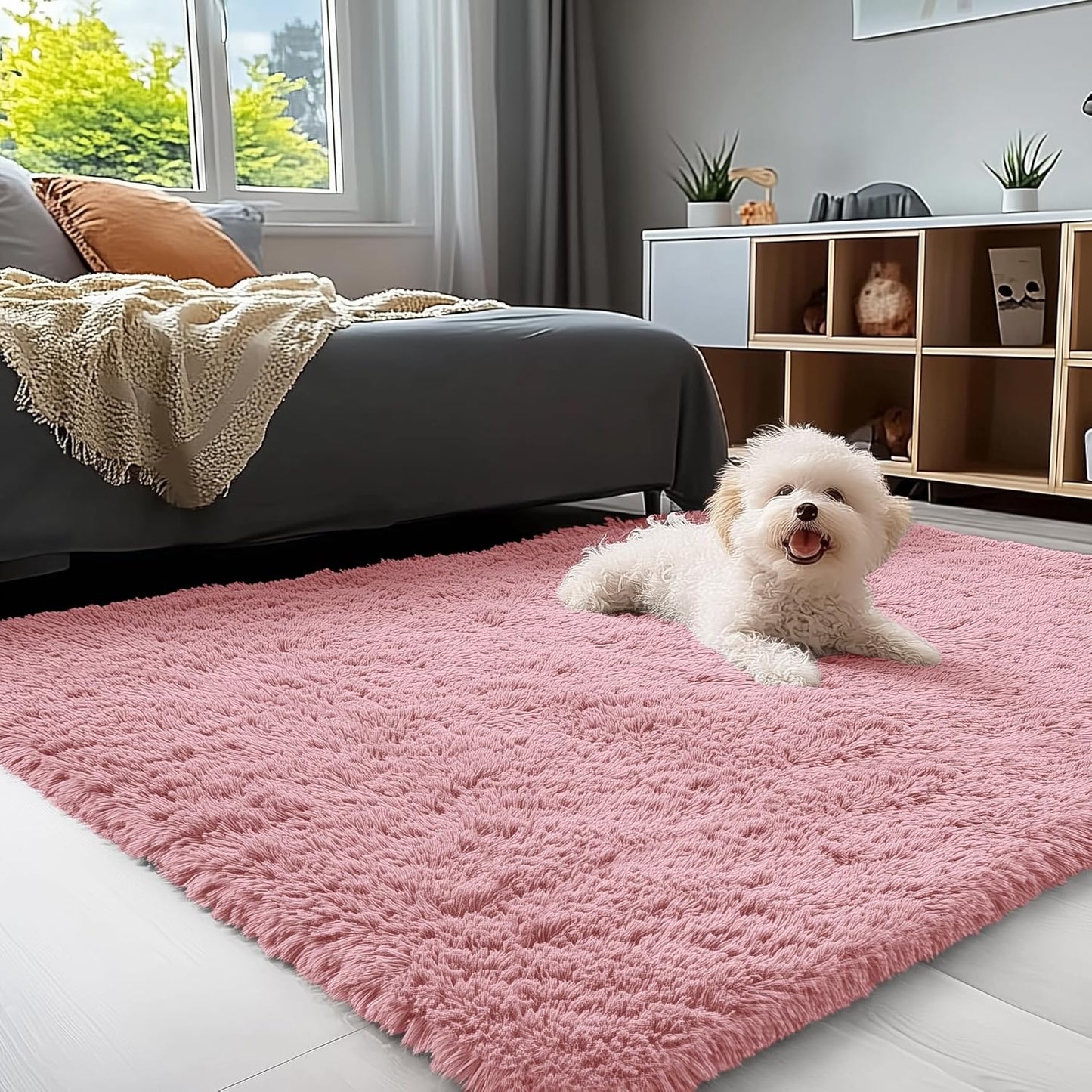 OLANLY Soft Fluffy Shaggy Bedside Rug - Machine Washable 3x5 for Kids & Nursery | Pale Pink Home Decor