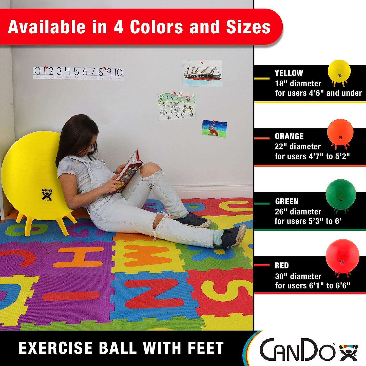 CanDo 30-1893 Non-Slip Inflatable Exercise Ball with Stability Feet for Exercise, Workout, Core Training, Stability, Yoga, Pilates, Balance Training Gym, Office, Home,Classroom. Green, 26”