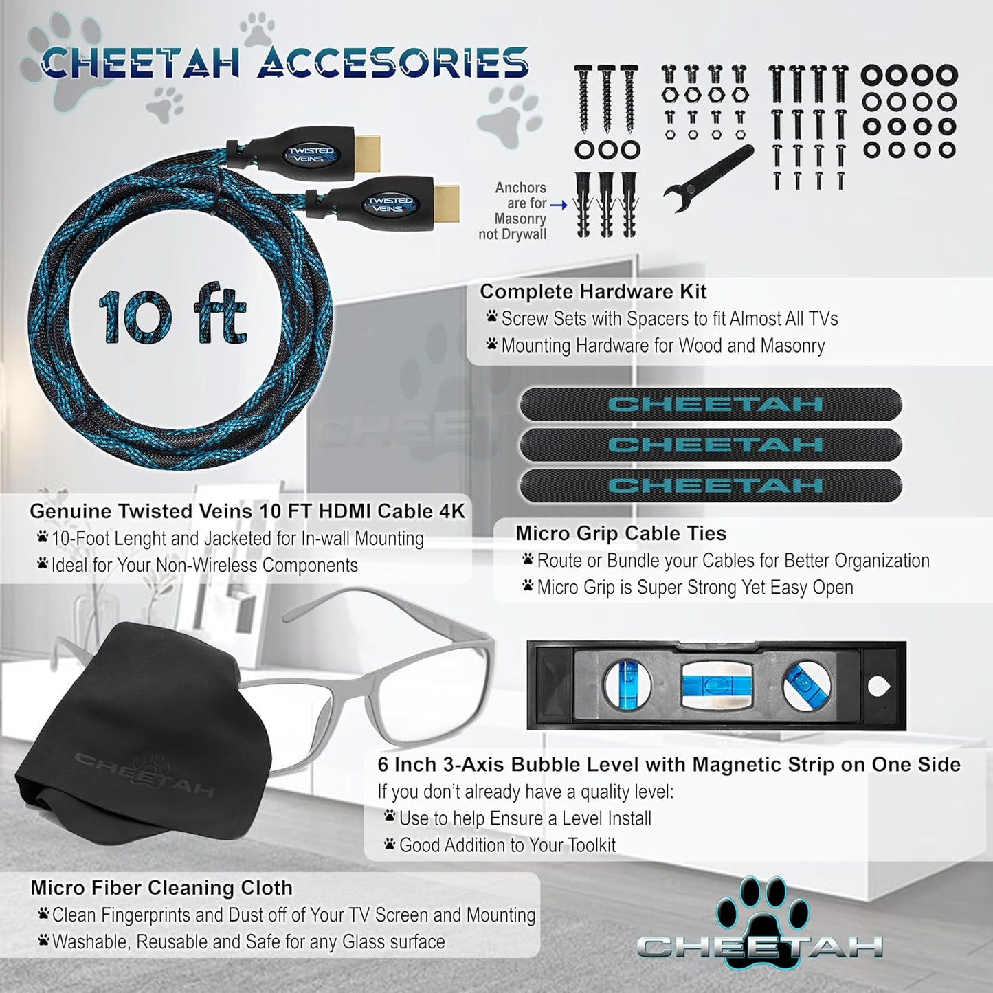 Cheetah 12-49 Inch 40lbs 100x100mm, 10ft 15" TV Monitor Wall Mount for TVs up to VESA with HDMI Cable, TouchAdjust