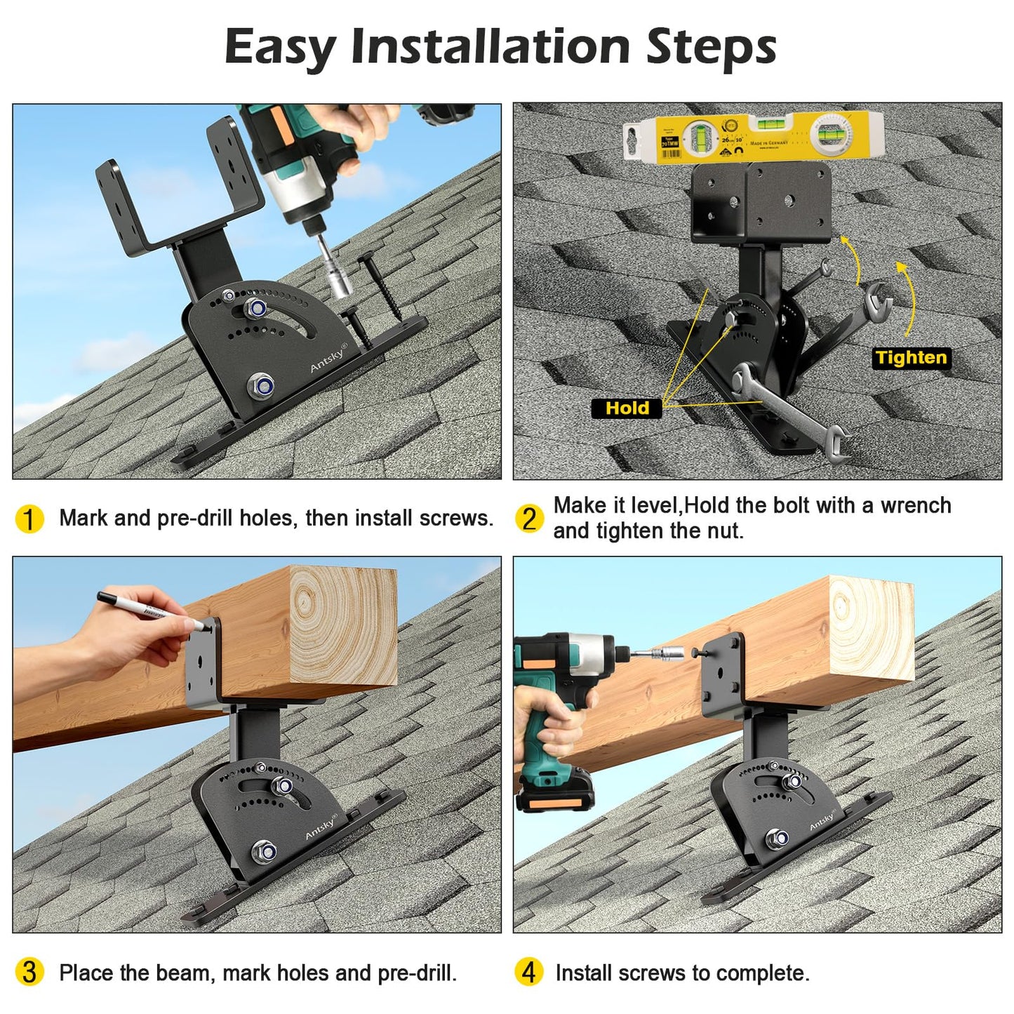Roof Riser 4x4 (Actual Size:3.5"×3.5") Adjustable & Anchored Angle Saddle Patio Pergola Stainless Steel Roof Riser Patio Kit (3 Pack)(Patent Pending)