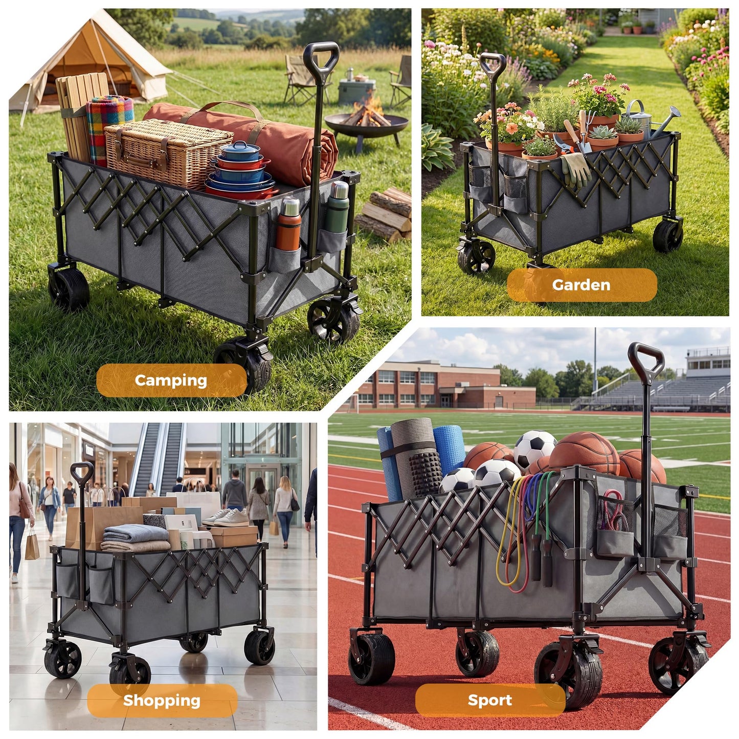 OLIXIS 49" Extra Long Folding Wagon Cart, 440LBS Heavy Duty Collapsible Wagon with Big All-Terrain Wheels, 250L Portable Outdoor Utility Cart for Shopping, Garden, Camping, Grocery, Sports - Grey