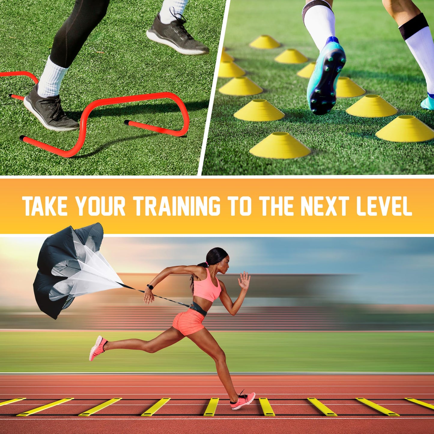 Yes4All Speed Training Equipment Set: 15ft Agility Ladder, Resistance Parachute, 5 Agility Hurdles, 12 Disc Cones with Carry Bag/Strap