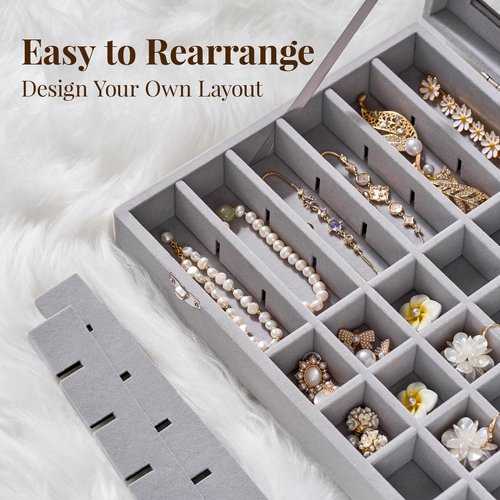 48 Grid Earring Organizer and Storage: Velvet Jewelry Tray with Lid, Jewelry Box for Studs, Earrings, Rings, Necklaces, Dresser & Vanity, Earrings Case Organizer for Girls, Women, 13"x8.6"x2.4", Grey