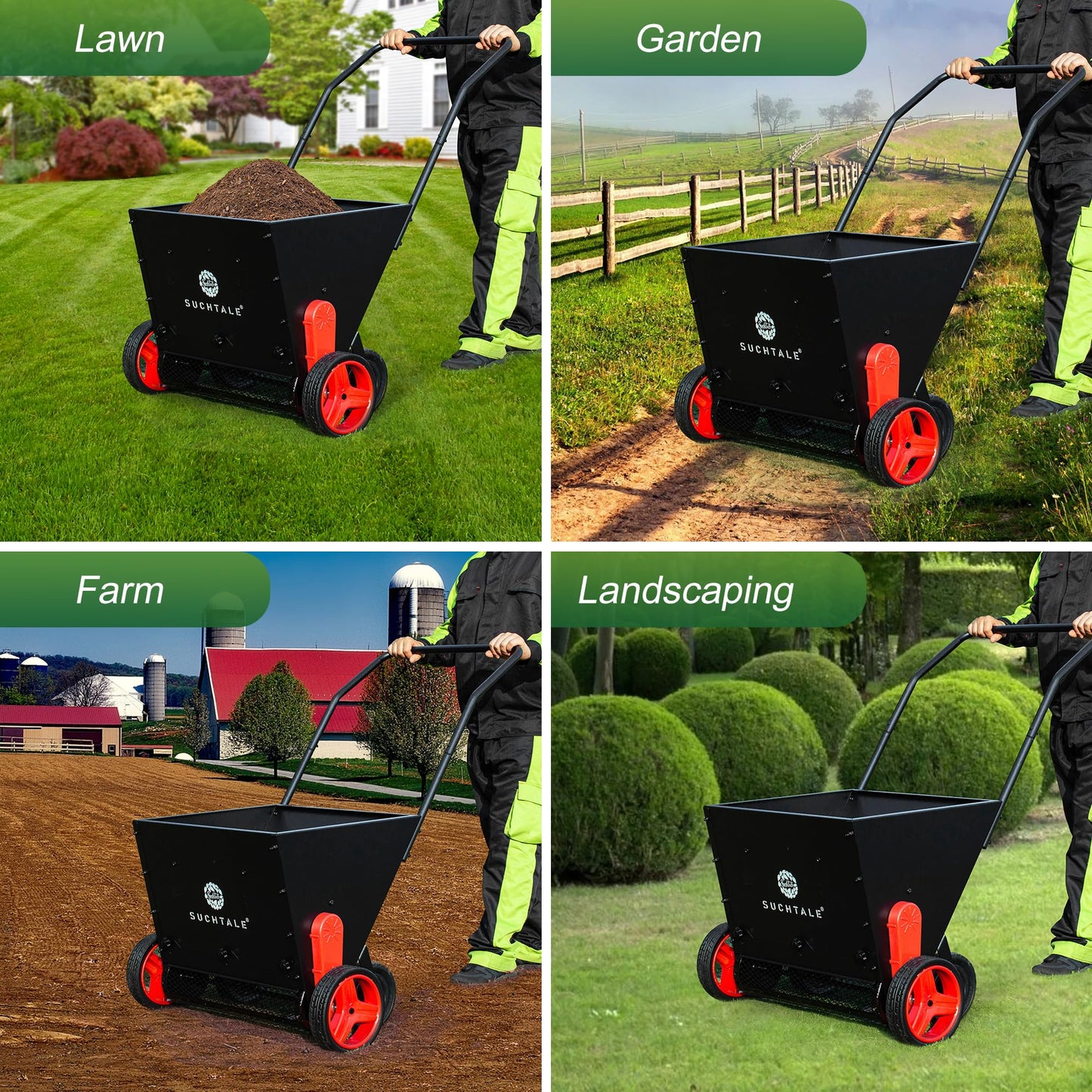 Suchtale Upgrade Push Lawn Spreader for Compost & Peat Moss, Organic Fertilizer Applicator with Rotating Blades, Adjustable Rate Metal Mesh Basket Topdresser
