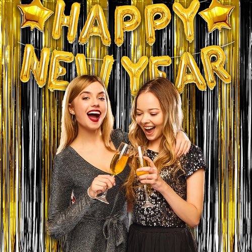 GREATRIL Black and Gold Party Streamers - Foil Fringe Backdrop for NYE, Anniversaries & Birthdays - 3.2ft X 8.2ft - 2 Packs