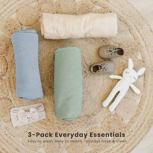 Konssy Muslin Swaddle Blankets - Soft & Breathable 3-Pack for Newborns | Large 47 x 47 Inches