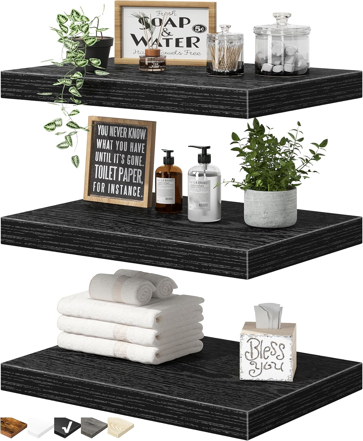 QEEIG 10" Deep Floating Shelves - Set of 3 Black Wall-Mounted Bookshelves for Bathroom, Bedroom, Kitchen & Living Room