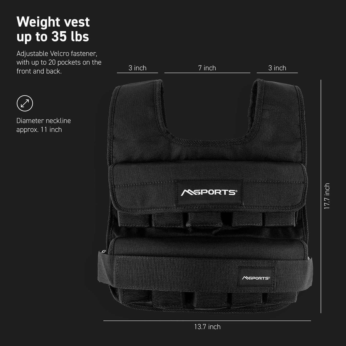 MSPORTS Premium Weighted Vest for Women & Men – Adjustable 11–65 lb, Running Vest, Walking Weighted Vest, Tactical Style Training Vest for CrossFit, Strength, Cardio & Home Workouts (Black, 45 lb)