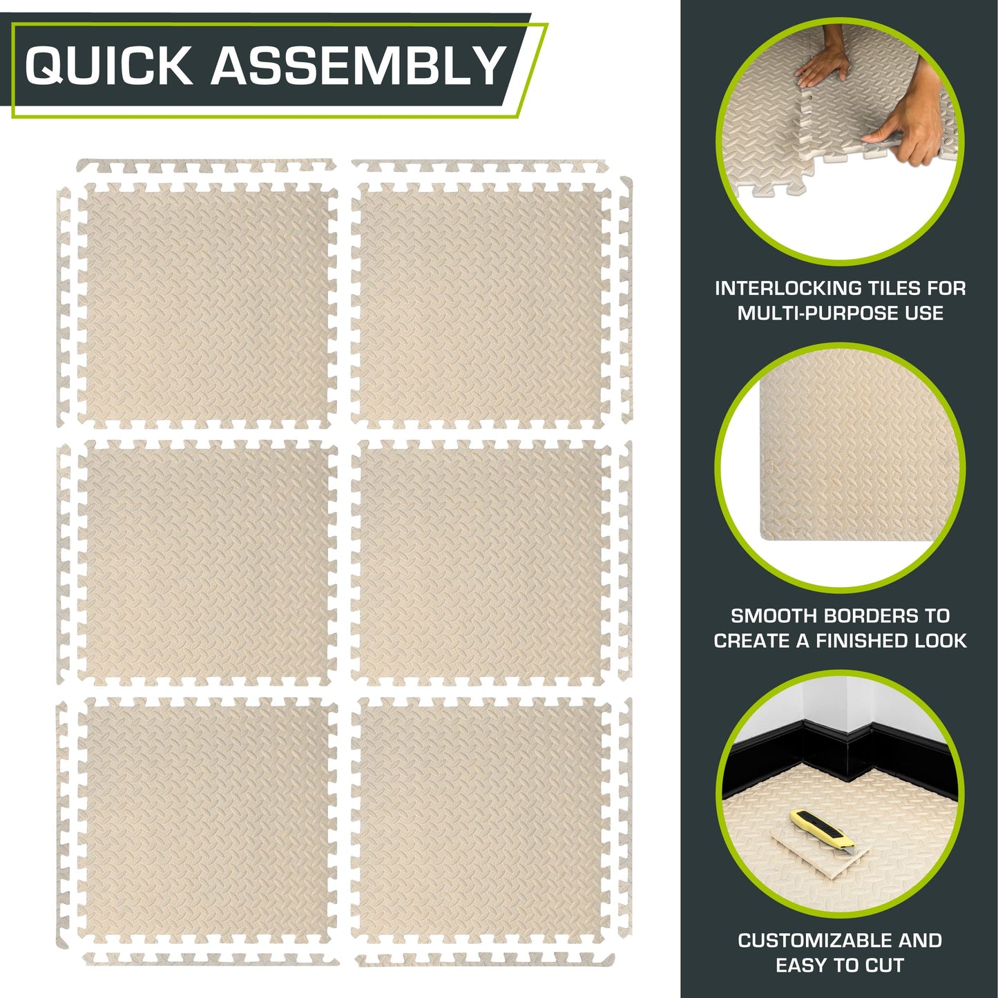 ProsourceFit Exercise Puzzle Mat ½-inch, EVA Interlocking Foam Floor Tiles for Home Gym, Workout Equipment, Kids Play Areas, Cream, 24 Sq Ft - 6 Tiles