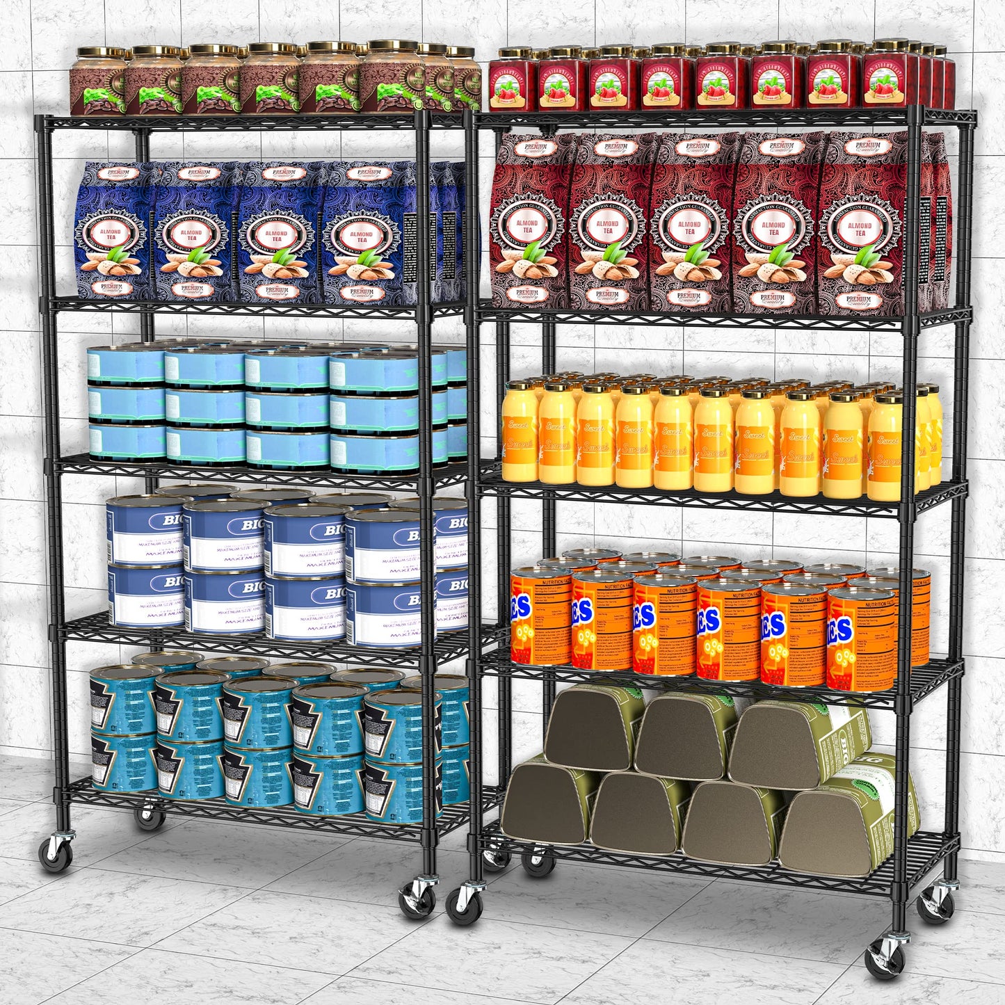 Folews 5 Tier Storage Shelves with Wheels - Adjustable Wire Shelving Unit Metal Shelves for Storage Rolling Utility Shelf Organizer Rack for Kitchen Garage Pantry Closet Laundry(14D x 36W x 75H)
