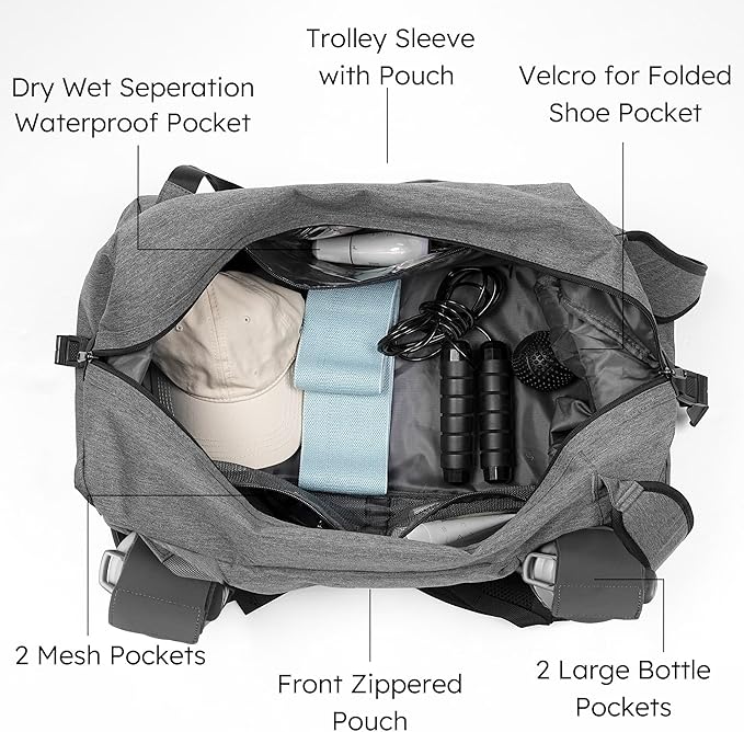 Small Gym Bag for Men with Shoes Compartment and Wet Pocket Convertible Duffle Bag and Gym Backpack Waterproof Sports Bag with 2 Bottle Holders Weekender Overnight Bag - Grey