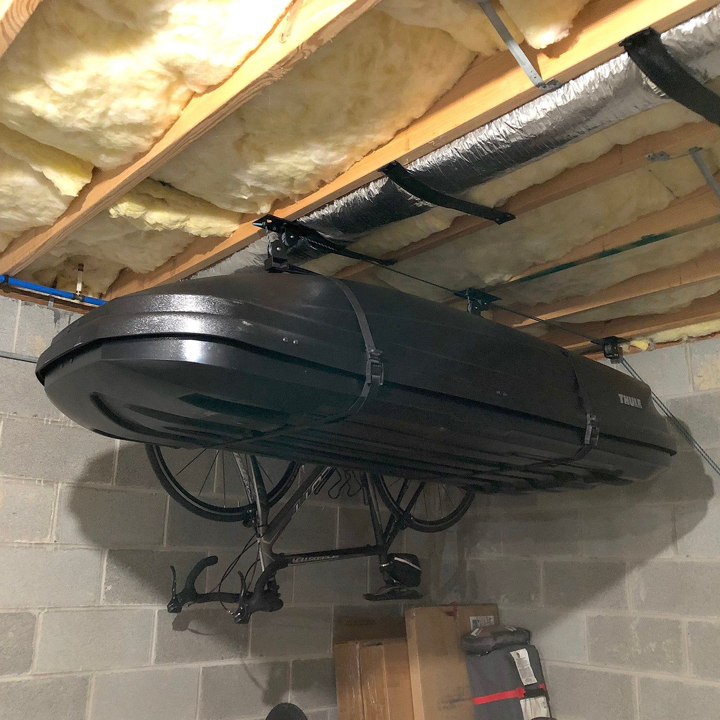 Teal Triangle Ceiling Storage Hoist for Cargo Box - Heavy Duty Garage Storage Lift - Garage Pulley Lift System Holds 150 lbs and Fits 8-10 ft Tall Garage Ceilings