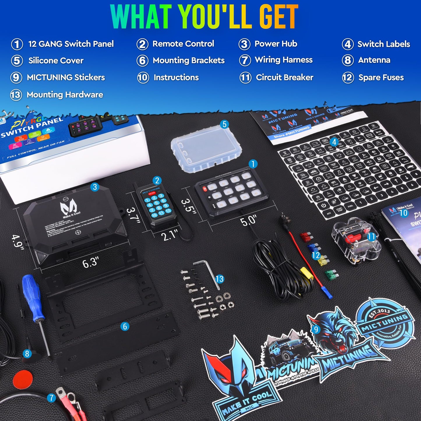 MICTUNING P1Y RGB 12 Gang Switch Panel Remote Control Range Up to 230FT, Multifunction Toggle Momentary Strobe Pulsed Switch Pod BacklitOff 6 Level Brightness Silicone Cover Circuit System Box for Car