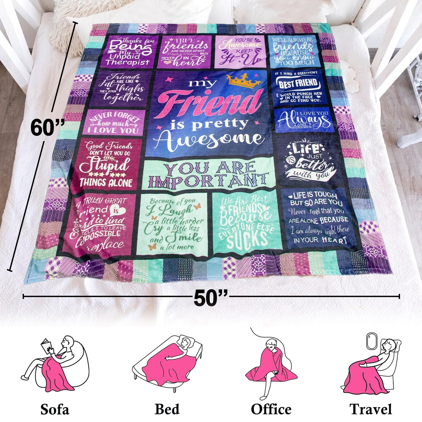Hudodmn Best Friend Blanket, Best Friend Birthday Gifts for Women, Friendship Gifts for Women,Bestie Gifts for Woman, Graduation Christmas Birthday Gifts for Best Friends Throw Blanket 60"X50"