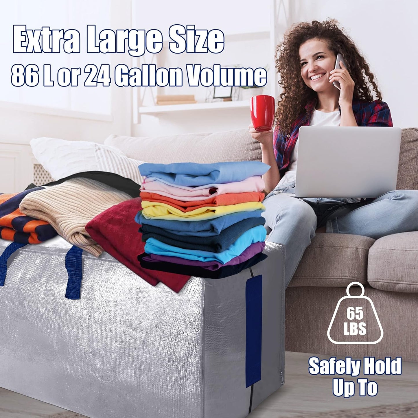 Sweet Dolphin Extra Large Moving Bags - Heavy Duty Storage Totes with Strong Zippers & Handles | 12 Pack, Silver