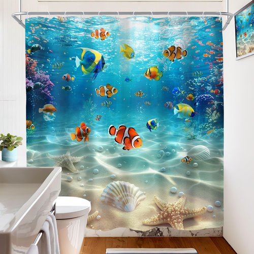 Imirell Ocean Fish Shower Curtain 72Wx72H Inches Summer Underwater Scenery Tropical Fishes Starfish Beach Corals in The Deep Sea Undersea World Kids Fabric Waterproof Polyester with 12 Hooks Plastic