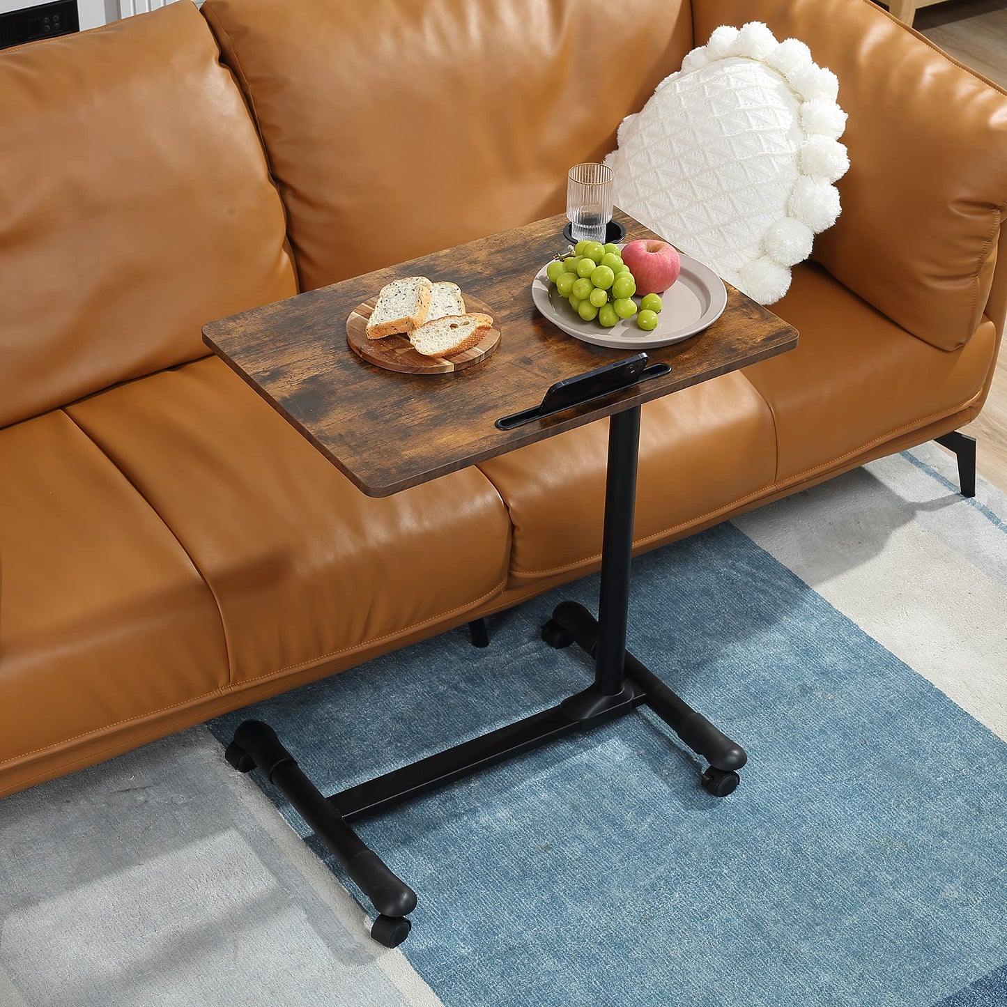 ETHU Overbed Table with Hydraulic Lift, 27.1-34.2 Inch Height Adjustable Bed Table with Lockable Casters - Wood Grain Tabletop with Cup Holder & Charging Slot, 22lbs Capacity Rolling Bedside Desk