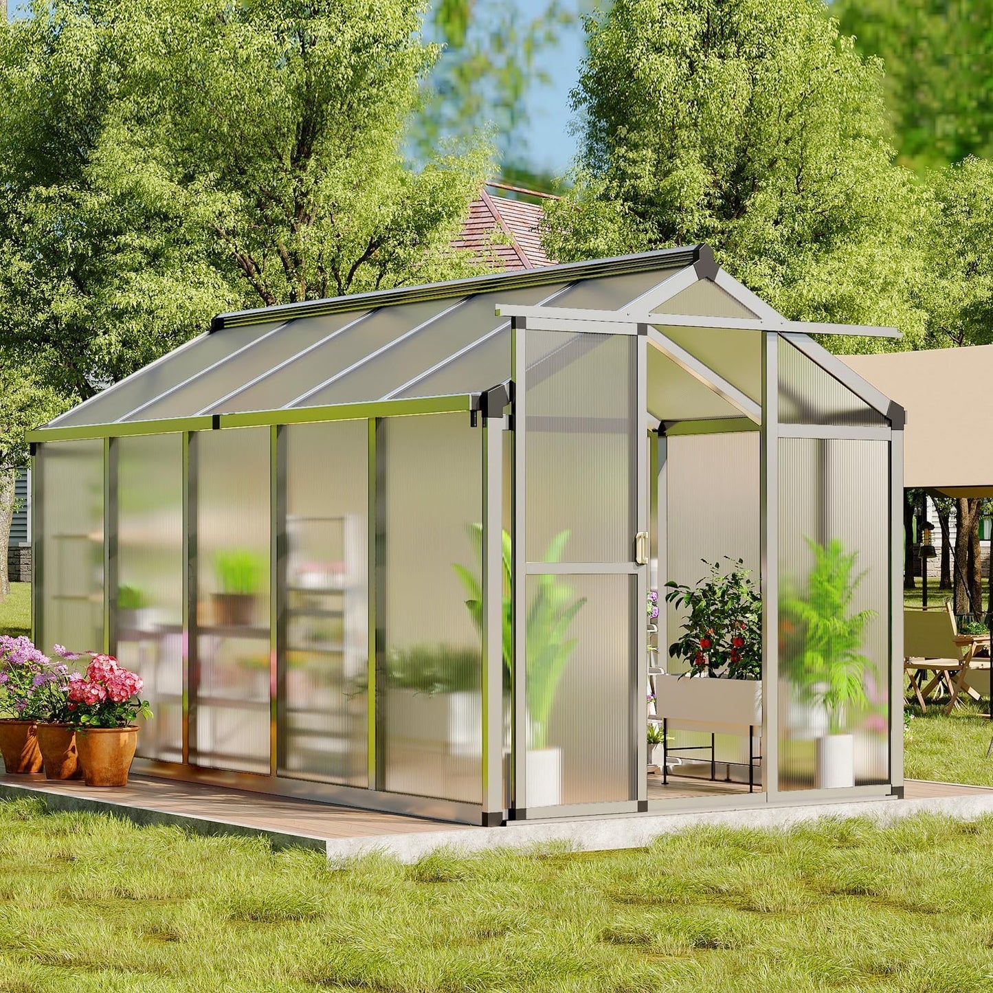 GarveeHome 6X10 FT Greenhouse for Outdoors, Walk-in Greenhouse Kit with Aluminum Frame, Polycarbonate Panels, Adjustable Roof Vent, Sliding Door, Secure Lock for Outside Garden, Patio, Backyard
