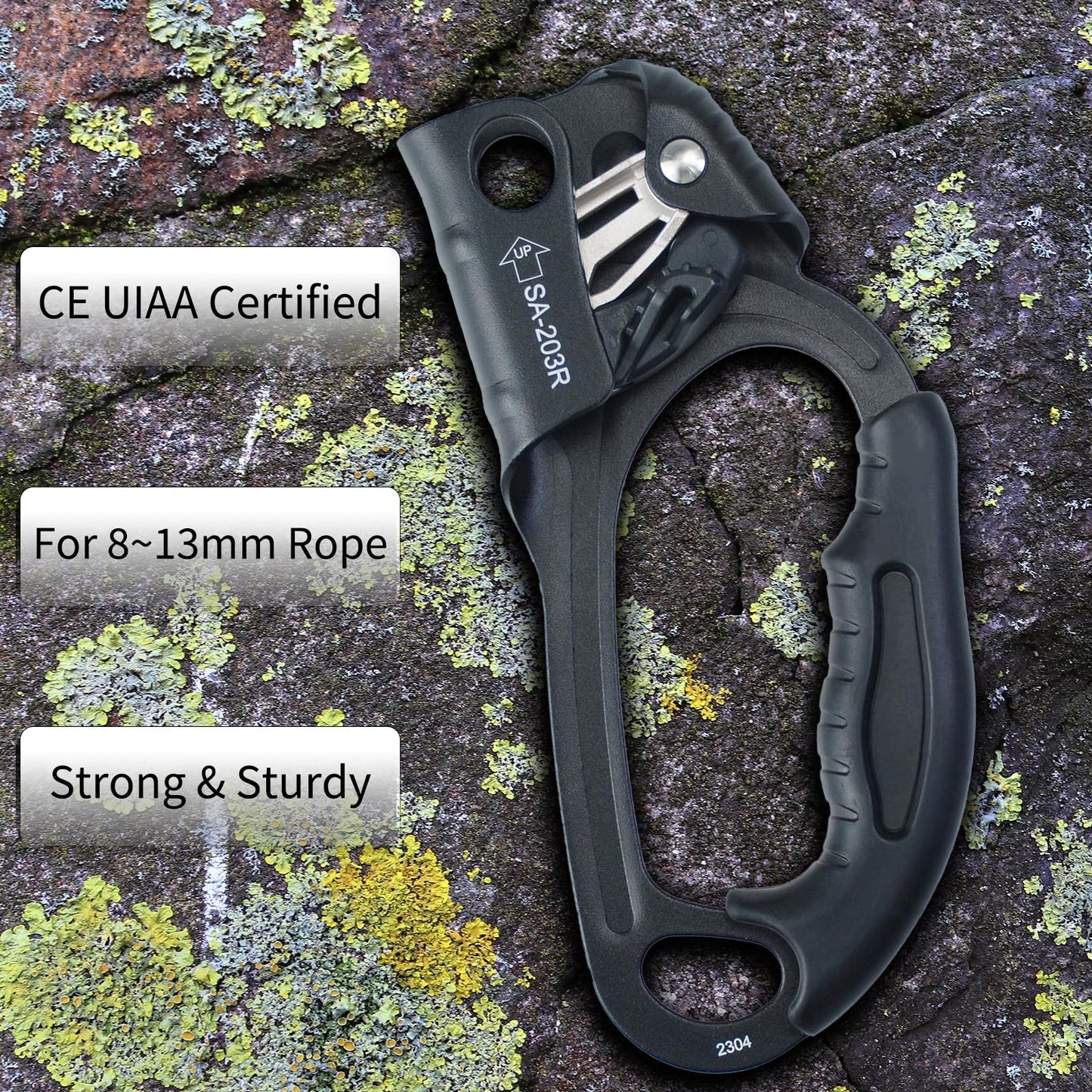 S.E.PEAK UIAA & CE Certified Climbing Rappelling Equip Hand Ascender for 8-13mm Rope Right Hand Black