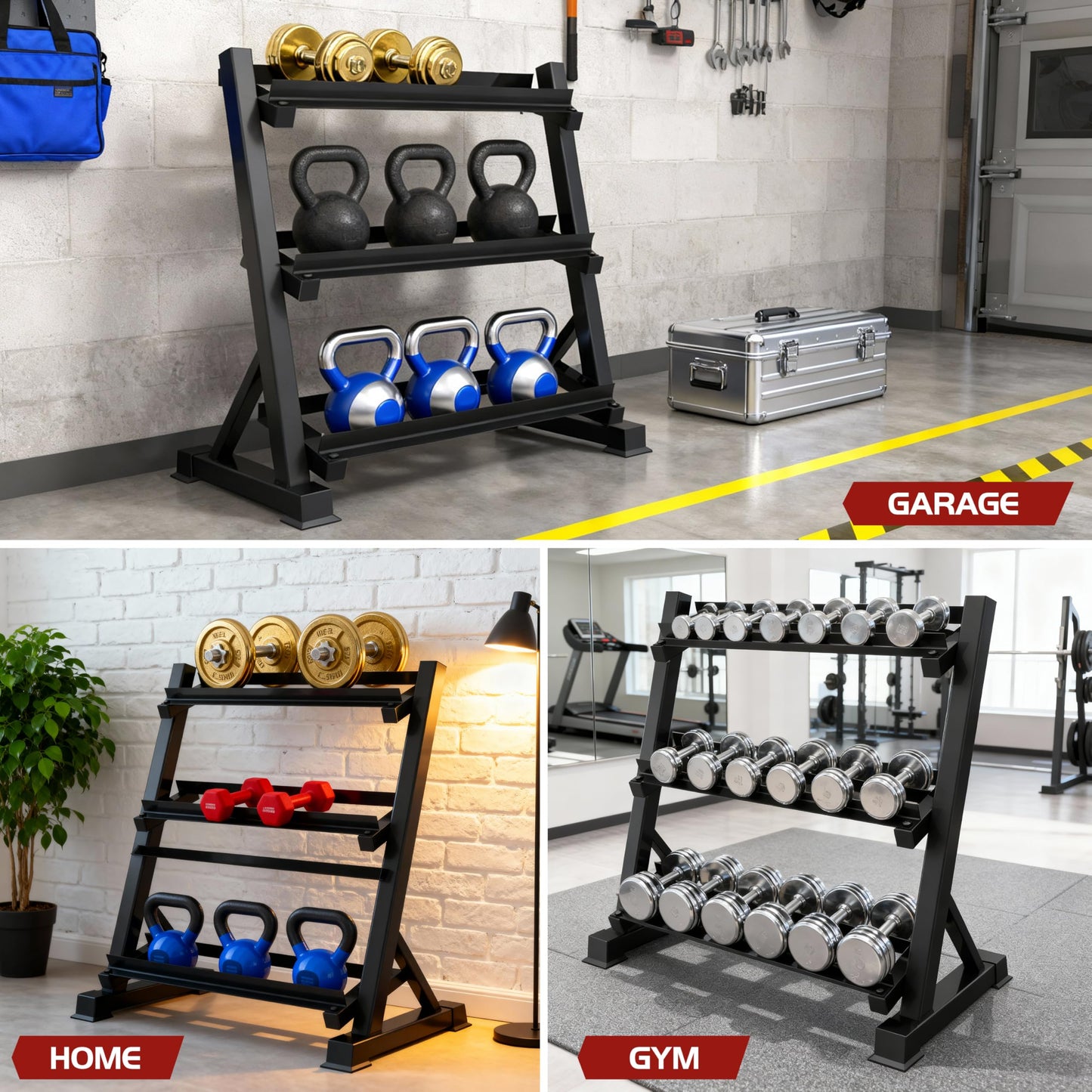 3-Tier Dumbbell Rack Multilevel Weight Storage Organizer for Home Gym, Weight Rack for Dumbbells, Kettlebells, 1200LBS(Rack Only)