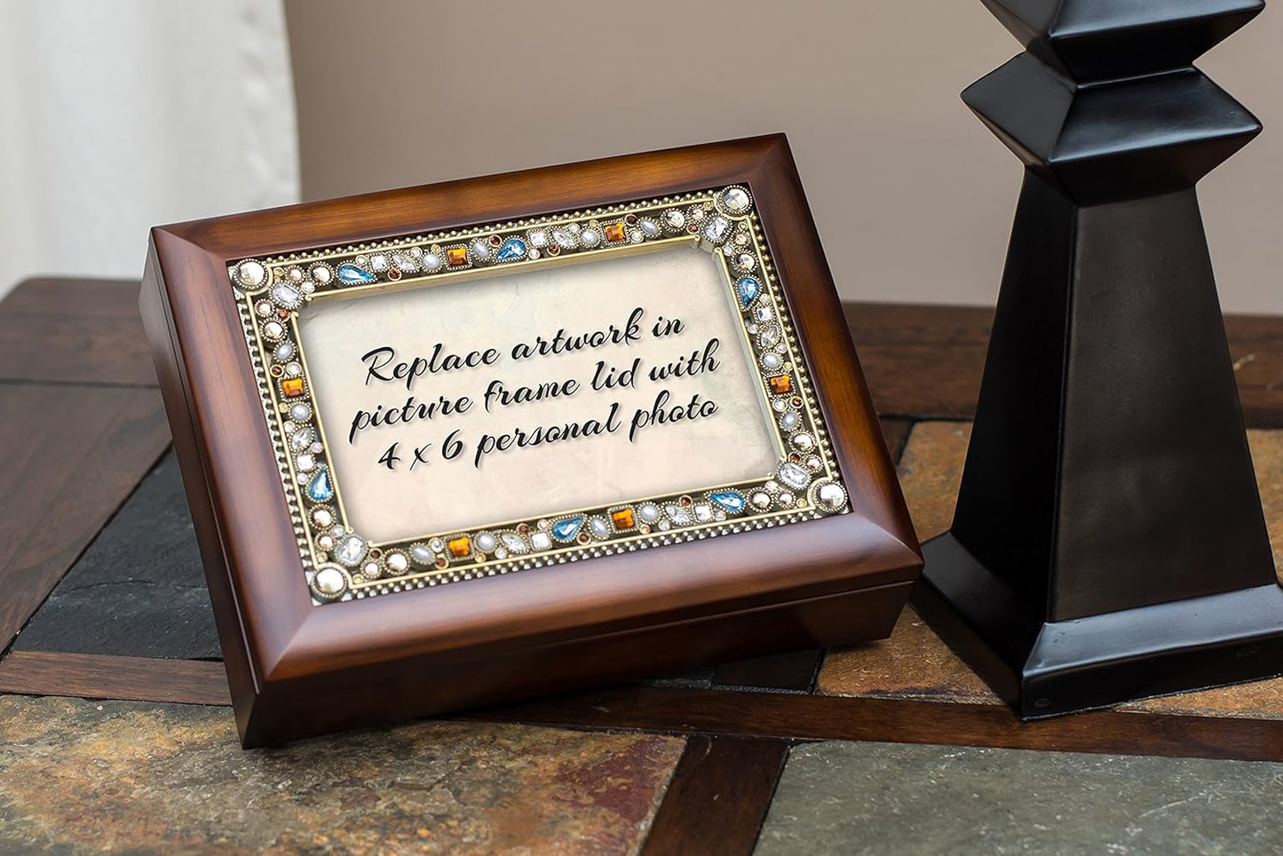 Cottage Garden Jeweled Music Box - Walnut Wood Finish | Plays "Amazing Grace" Tune