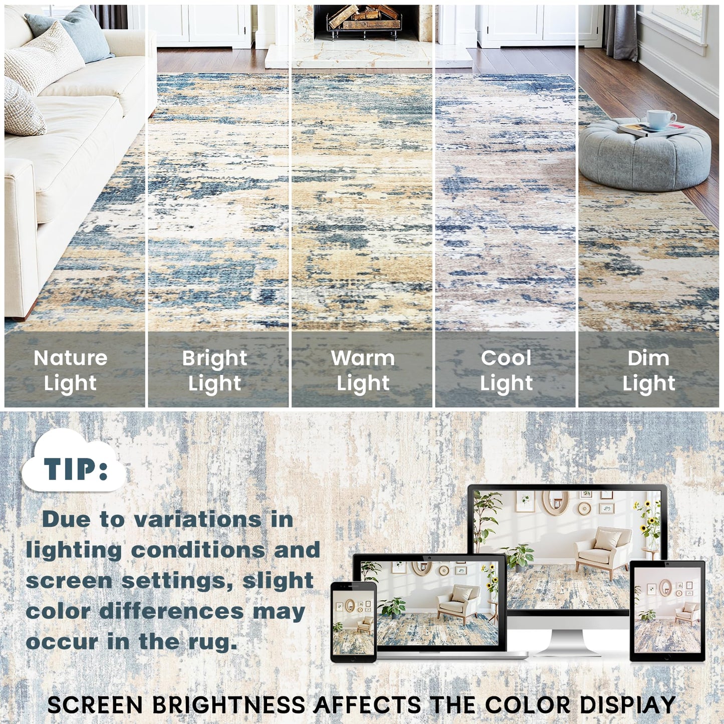 Area Rugs 5x7 Living Room: Large Soft Washable Rug Modern Abstract Anti-Skid Non-Shedding Carpet Indoor Floor Thin Carpets for Bedroom Dining Room Farmhouse Nursery Home Office Brown Blue