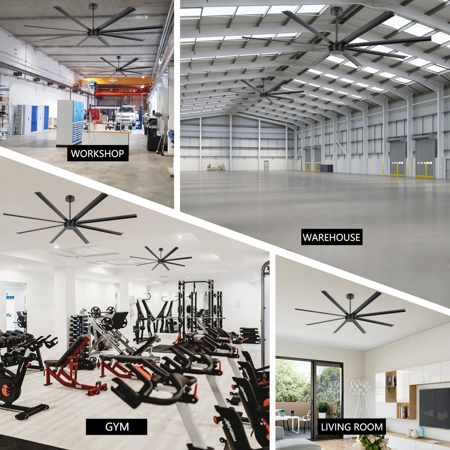 Ohniyou 96'' Industrial Ceiling Fan No Light - High CFM Large Metal Fan with 8 Aluminum Blades, Remote/APP Controlled, DC Motor, for Shop, Warehouse, Gym, Black