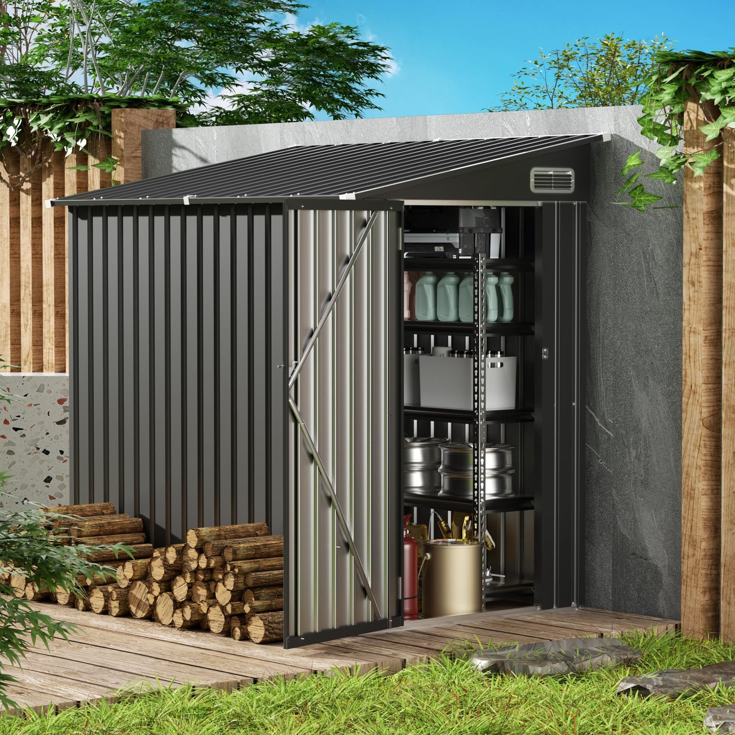 4x6 Lean to Yard Storage Shed, Outdoor Metal Wall Side Bike Shed with Lockable Door for Tool Garden for Patio Lawn Yard, Black