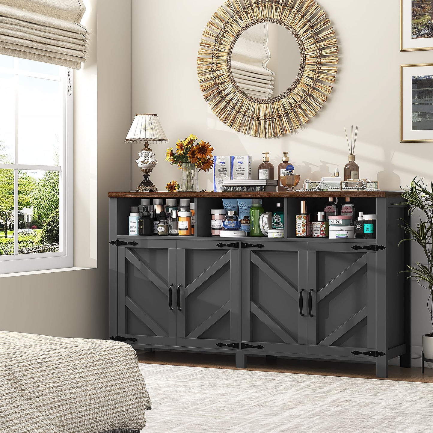 knoworld Buffet Sideboard with Storage Farmhouse with 4 Doors, 55'' Large Kitchen Storage Cabinet Wood Coffee Bar Cabinet Buffet Table with Shelves for Kitchen, Dining Room, Entryway (Black, 55 in)