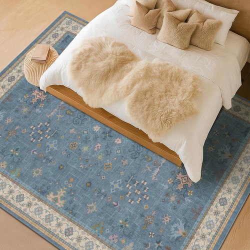 Hazo Haus Area Rug - Dusty Blue 10x14 Washable Lightweight Floral Design for Living Room & Bedroom