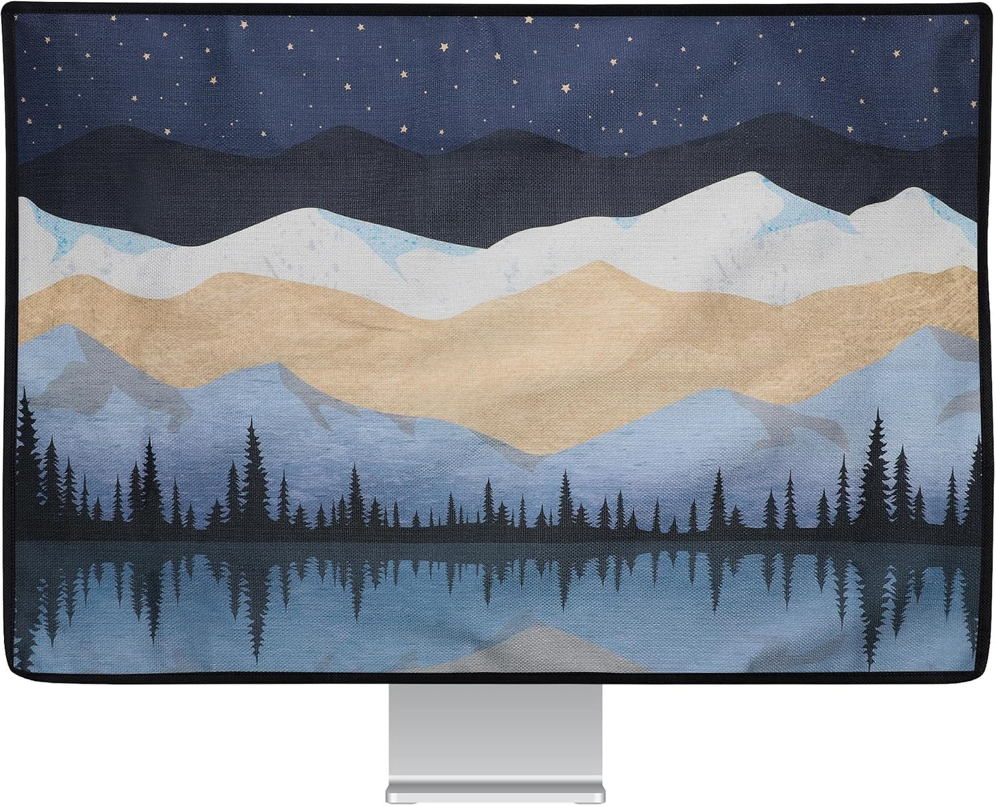 27-28" kwmobile Dust Cover for Monitor - Linen Monitor Protector with Design - Starry Night Lake White/Light Brown/Dark