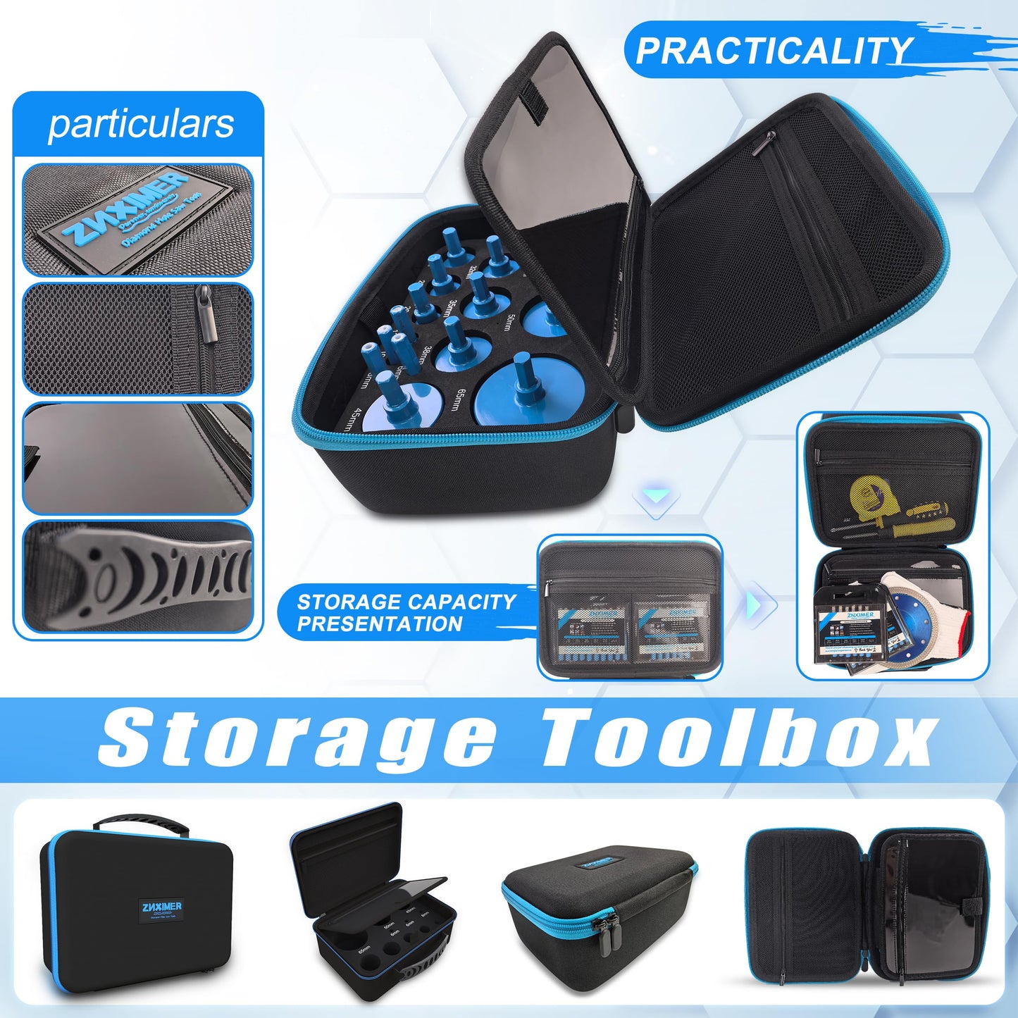 Tile Hole Saw Kit - ZNXIMER Diamond Hole Saw Kit for Tiles, Ceramic, Granite, Marble, Glass, Gypsum and More Drilling - 16pcs Tile Drill bit (6/8/10/12/20/25/28/32/35/38/45/50/65MM/2/6/10MM)