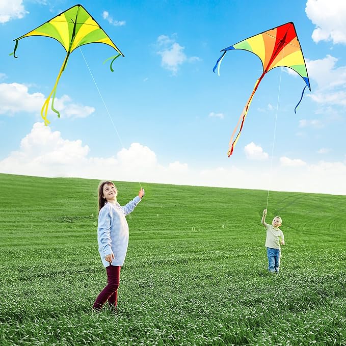 JOYIN 3 Packs Large Delta Kite Green, Blue and Rainbow, Easy to Fly for Kids with 262.5 ft String, Large Delta Beach Kite for Outdoor Games and Activities