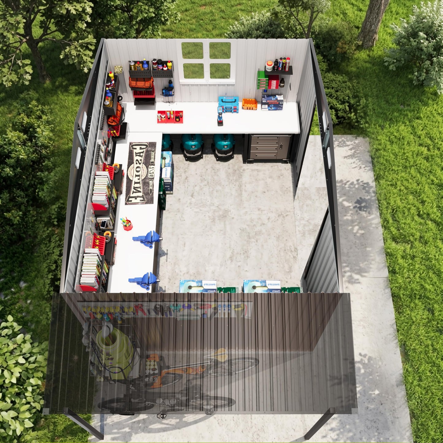 Aoxun 8x12 FT Outdoor Storage Shed Metal Sheds with Open Firewood Storage,Galvanized Steel Garden Shed with Lockable Doors,Sloped Roof,Windows, 2 in 1 Large Tool Shed for Patio, Backyard, Lawn (Brown)