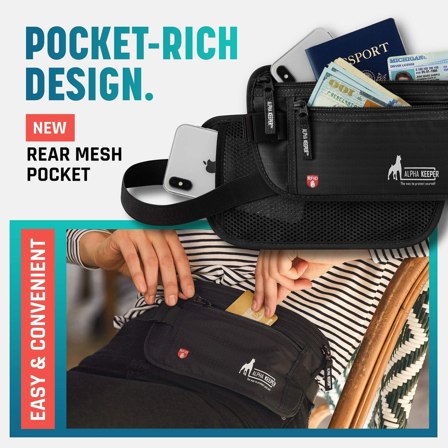 Alpha Keeper Money Belt for Travel Hidden RFID Blocking Passport Holder