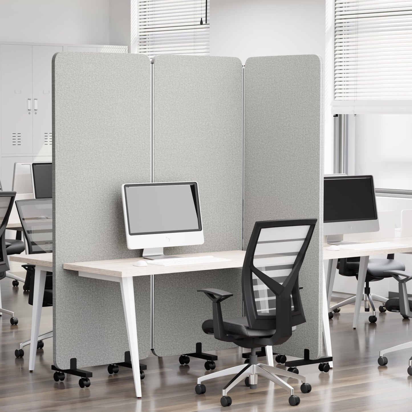 KERRAM 3 Panel Foldable Office Partitions, Mobile Cubicle Wall with Wheels, 71 x 66 Inch Noise Cancelling & Sound Proof Room Dividers Partition Wall, Aluminum Frame Gray