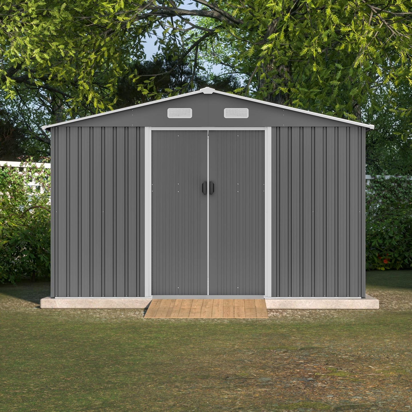 10'x8' Galvanized Steel Outdoor Storage Shed with Top Air Vents, Lockable Sliding Double Door Large Garden Tool Organizer, Gray