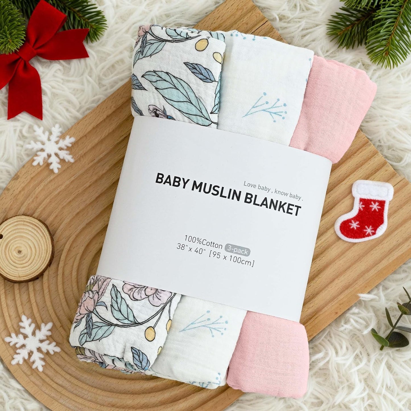 Skiennix Muslin Swaddle Blankets - 3 Pack Breathable Soft Receiving Blankets | Large 38 x 40 Inches, Cute Flower Design
