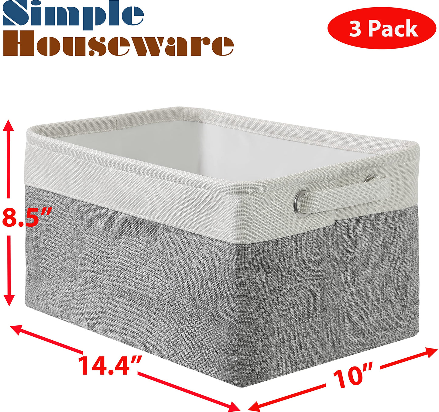 Simple Houseware Large Fabric Storage Bin, 14.4" x 10" with Handles, 3-Pack, Foldable Organizer for Closet and Shelf, Gray