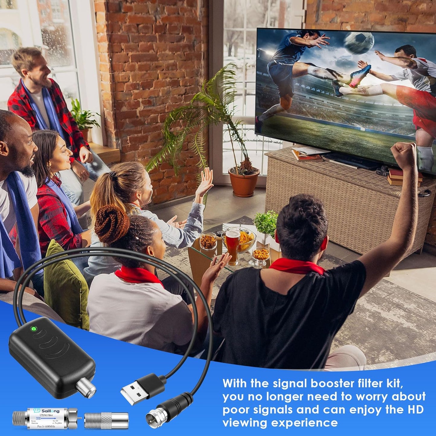 Saillong TV Antenna Amplifier with LTE Filter Kit, Antenna Signal Booster for TV Indoor, Low Noise/Clears Up Pixelated