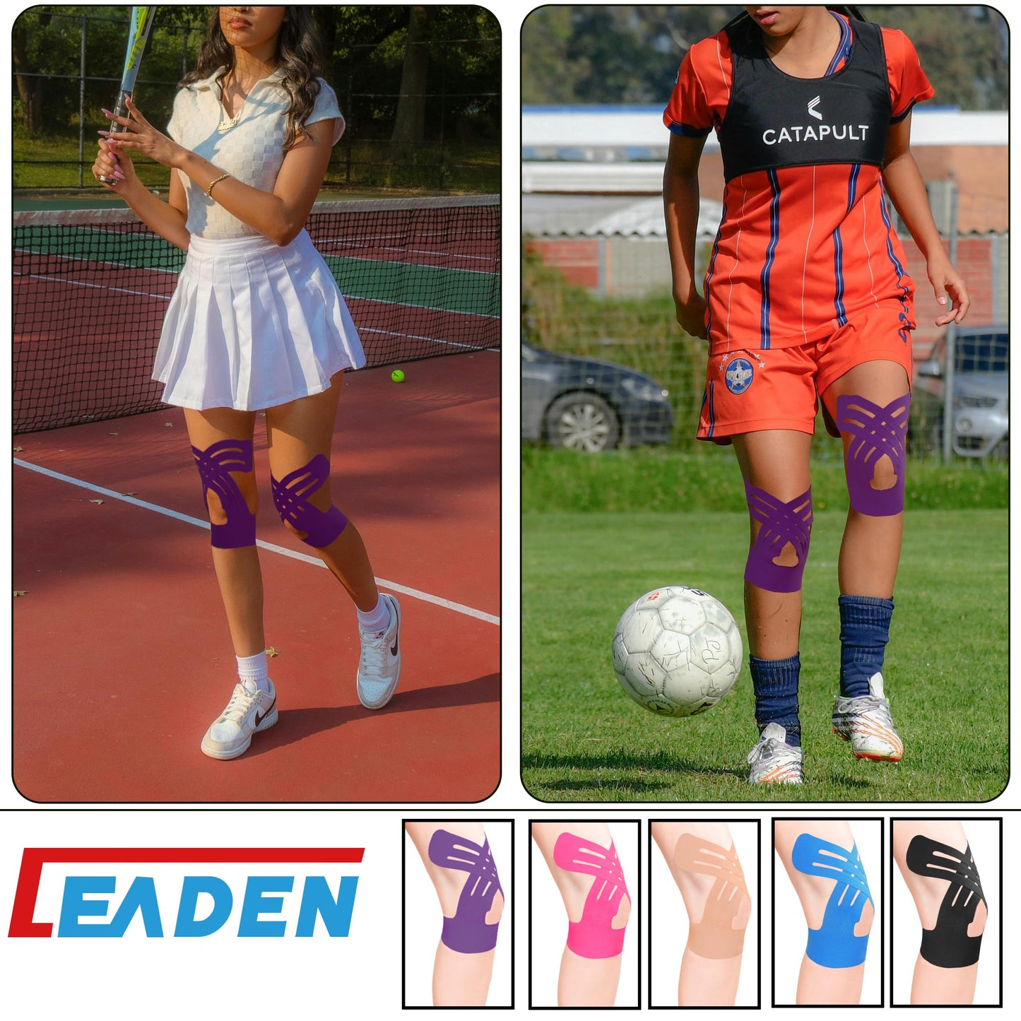 IEADEN Precut Kinesiology Tape for Knees, 10 Pcs, Upgraded, Knee Support & Stability, Knee Pain Relief Athletic Tape - Waterproof & Elastic, Breathable Hypoallergenic Latex-Free Tape, Purple