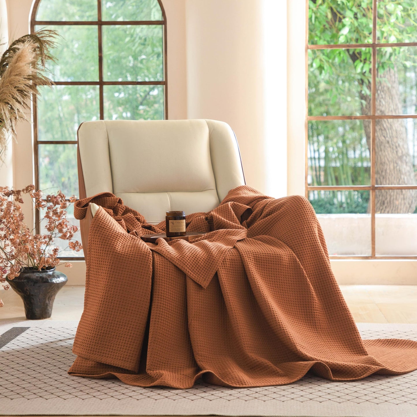 Simple&Opulence 100% Cotton Waffle Weave Throw Blanket 40"x50", Soft Lightweight Breathable Cozy Washed, Layer Blanket for Couch Bed Sofa, Farmhouse Home Decor for Adults All-Season, Rust Orange