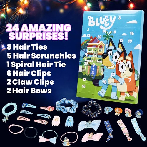 Bluey Hair Accessories Advent Calendar 2025 - 24 Holiday Hair Clips, Bows, Scrunchies & Claw Clips for Girls