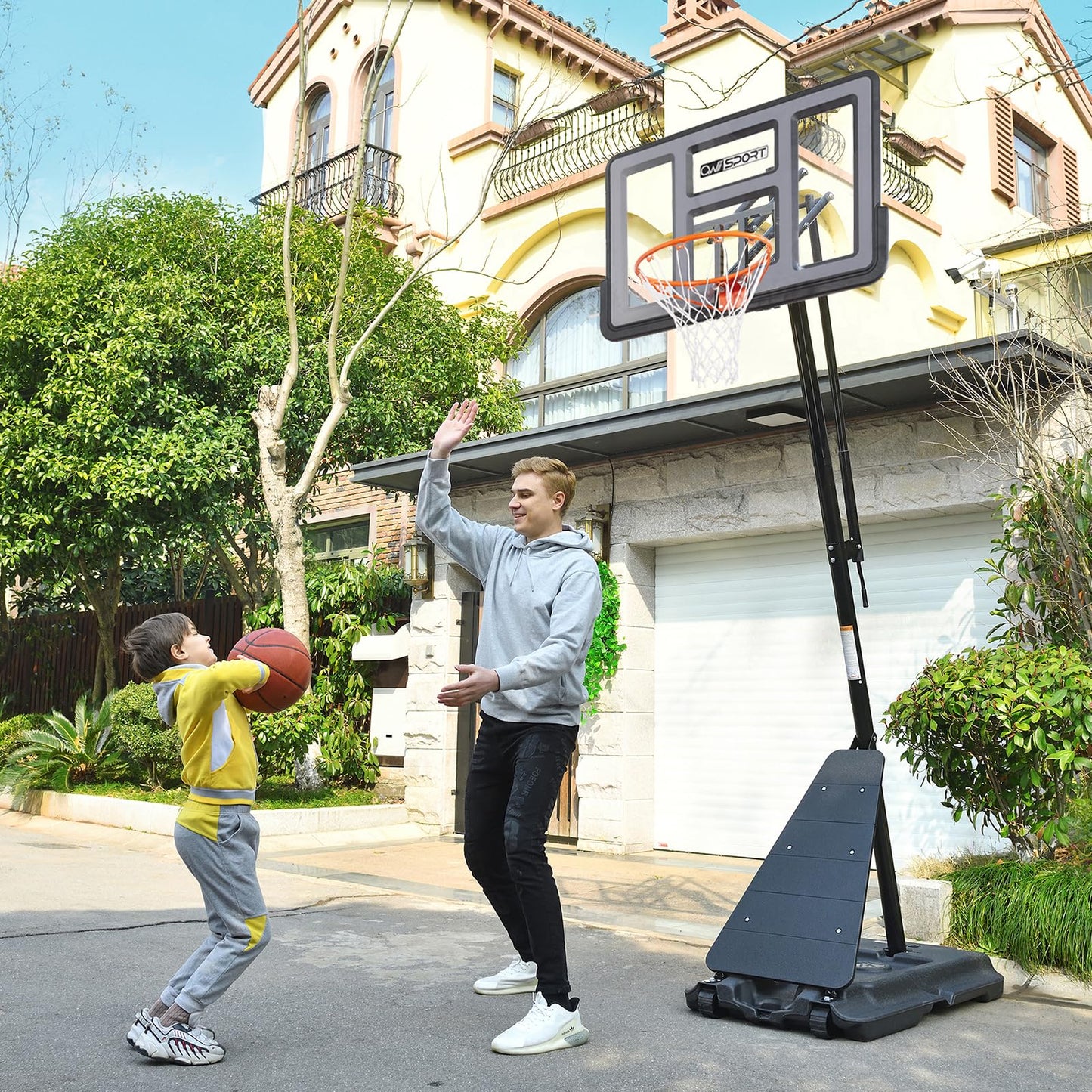 AWII SPORT Basketball Hoop Outdoor 48Inch Impact Backboard, 5.3-10FT Height Adjustable Basketball Hoop Goal System with Portable Wheels for Adults (Black, 48inch Backboard)