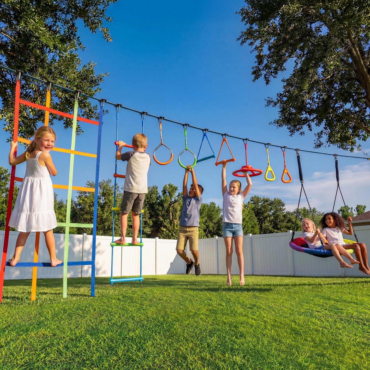 Hapfan 50 FT Ninja Warrior Obstacle Course Swing Set for Kids with Weather-Proof Accessories, Outdoor Playset with Monkey Bars for Backyard
