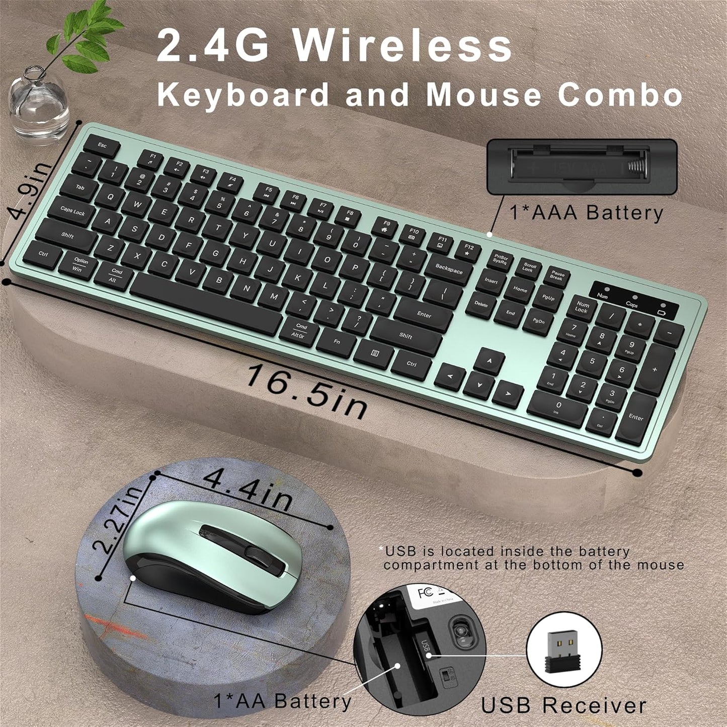 MPTOG 104-Key 15 Wireless Keyboard and Mouse Combo, Full-Size Office Keyboard with Function Keys, Numeric Keypad