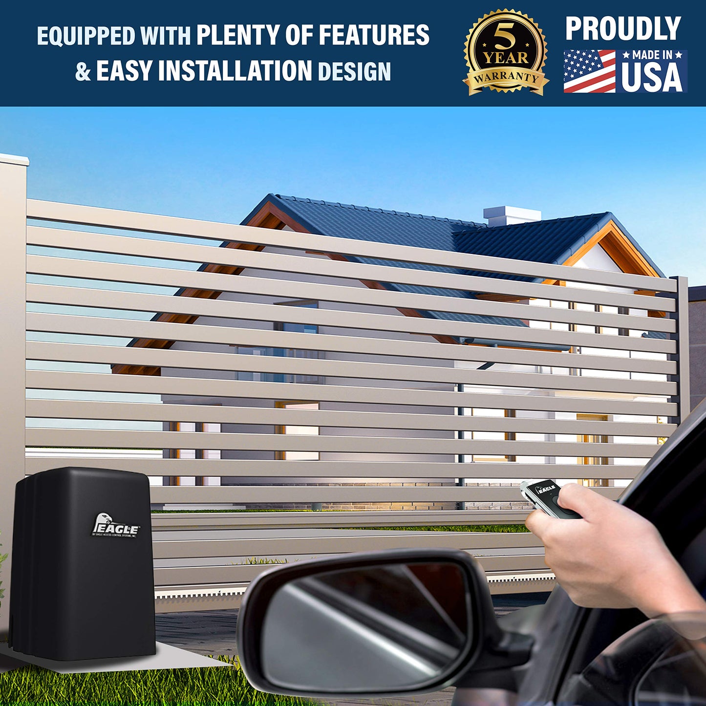 Home Slide Gate Opener Eagle 1000 FSC 1/2 HP Sliding Gate Motor Operator System Residential and Light Commercial for 27’ feet 600lbs Rolling Gates with Wireless Remotes