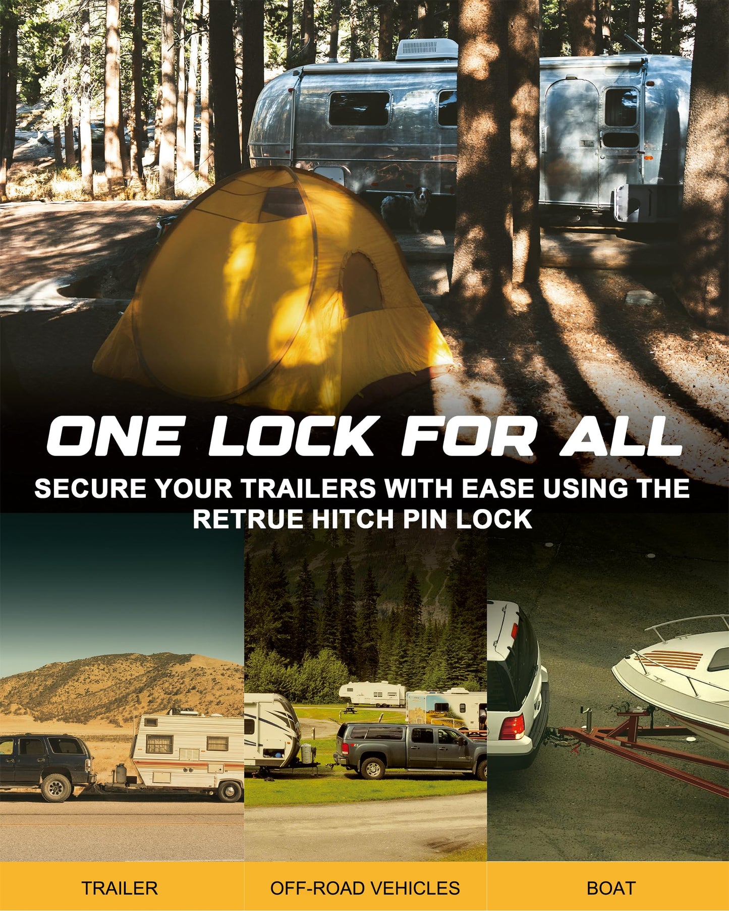 RETRUE Trailer Hitch Locks, 5/8" Locking Hitch Pin for 2" and 2 1/2" Receiver Class III IV Hitch, Tow Hitch Pin Lock Dia 3-1/2” Long Pin with O-Rings Weatherproof Caps for Trailer Truck Car Boat