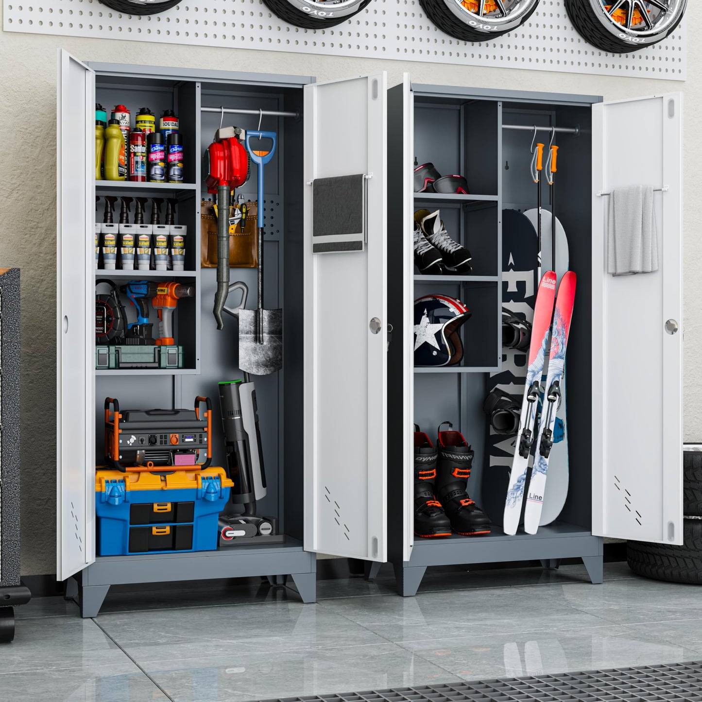 OSKEBABO Broom Closet Storage Cabinet, Garage Storage Cabinet with Pegboard & Hanging Rod, 61" H Metal Utility Cabinet with Lockable Doors for Garage, Laundry Room, Home Office, Gray and White
